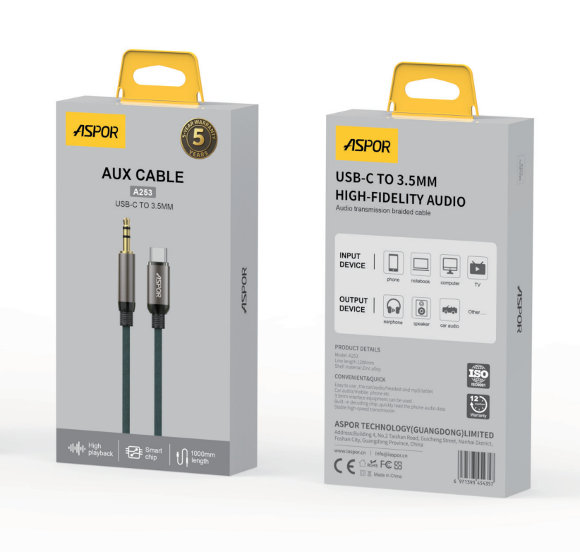 5867421e-90ad-4155-ae1b-001b6bcd235d.png 🔌 كيبل صوت ASPOR A253 – من USB-C إلى 3.5mm بجودة عالية - الصورة 1