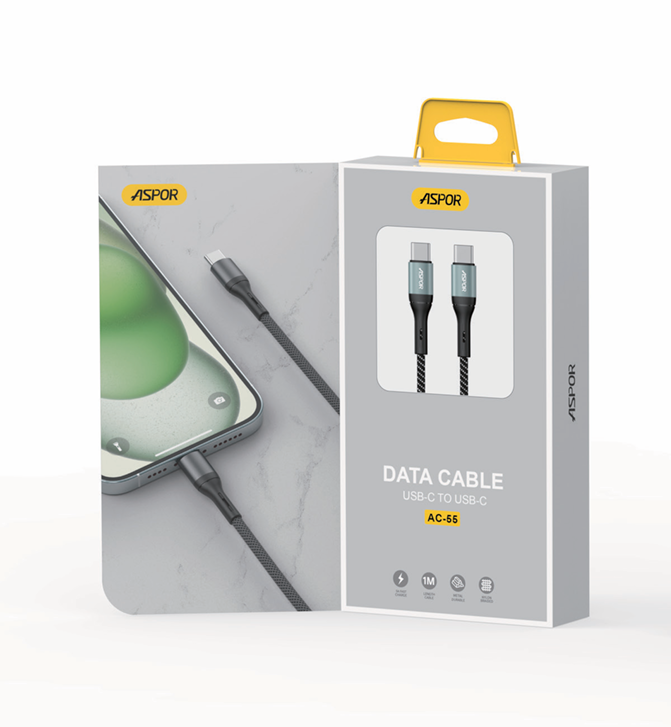 c86951a6-75b0-45df-9f68-cd212a527550.png كابل بيانات ASPOR AC-55 USB-C إلى USB-C بقوة 60 واط وطول 1 متر - الصورة 1